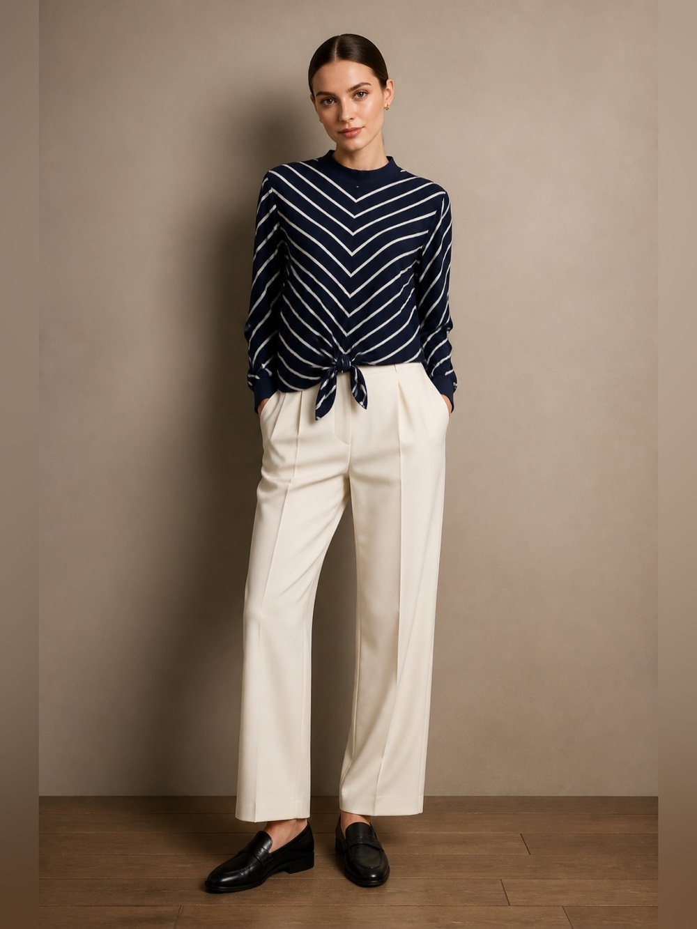 Zara Navy and off White Striped Tie-Front  long sleeves Blouse.